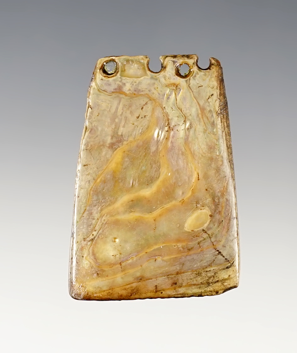 Attractive 1 3/4" tall drilled shell pendant recovered in Colusa Co., California. 