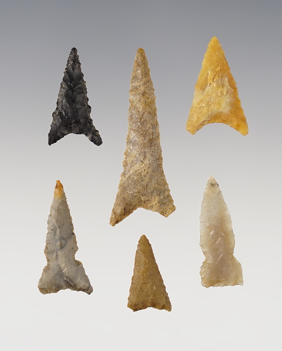Set of 6 Southern Indiana Triangles. Ex. Gregory Perino collection. The largest is 1 1/2".