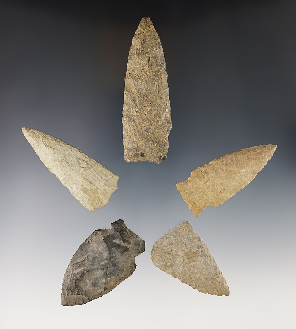 Five flint artifacts from the Northeast U.S. Largest is 3 3/8".