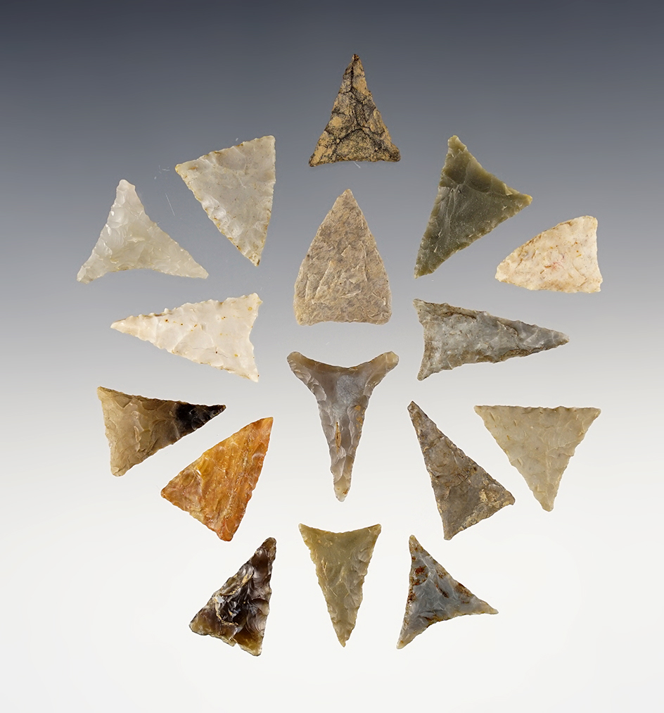 Set of 16 Triangle points found in the Kentucky/Tennessee area. The largest is 1".