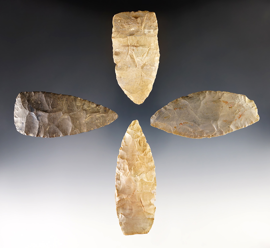Set of four Paleo Lanceolates found in Kentucky. Largest is 3 1/4".