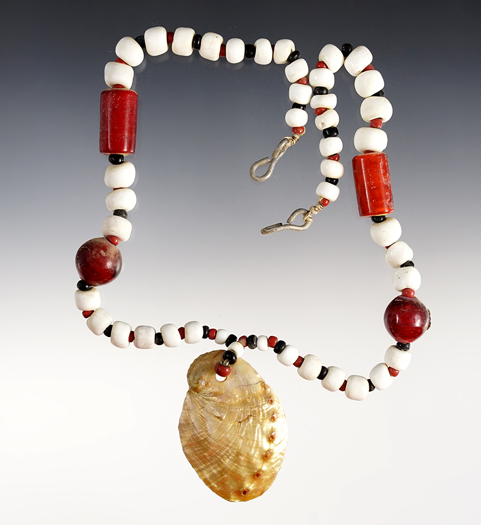 Beautiful 26" Strand of beads with a 1 13/16" Shell Pendant. Colusa Co., California.