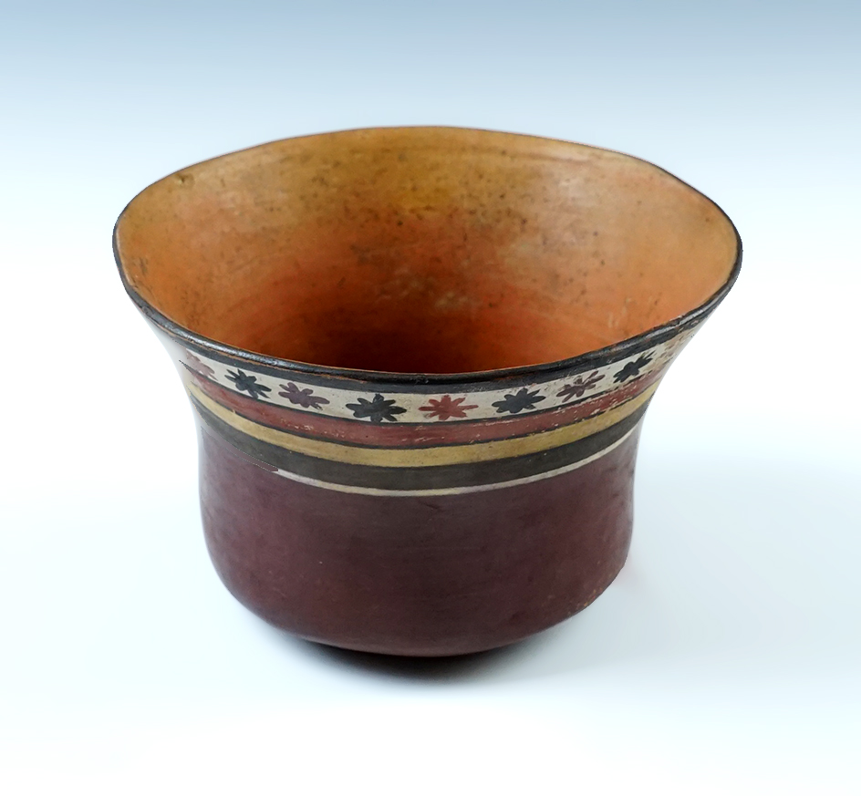 5 5/8" wide x 3 3/8" tall Nasca pottery vessel recovered in Peru. Beautiful thin wall style.