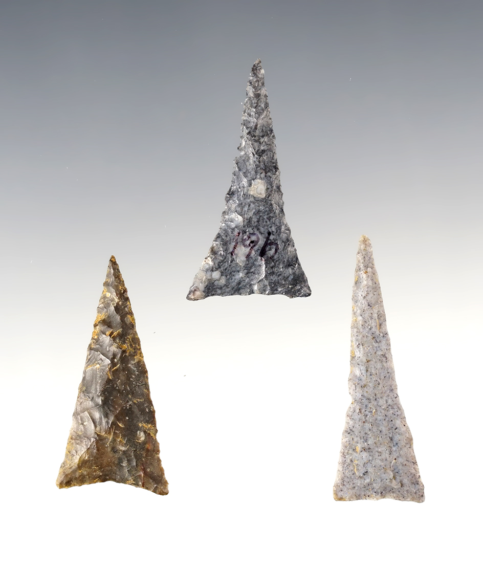 Set of 3 fine Triangle points found in the Kentucky/Tennessee area. The largest is 1 3/4".