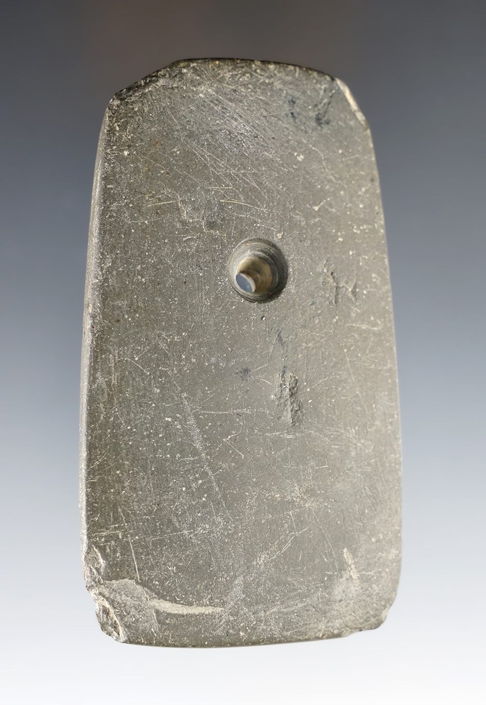 3 3/4" Trapezoidal Pendant found in Putnam Co., Ohio. Ex. Bob Saunier, Dan Kill.
