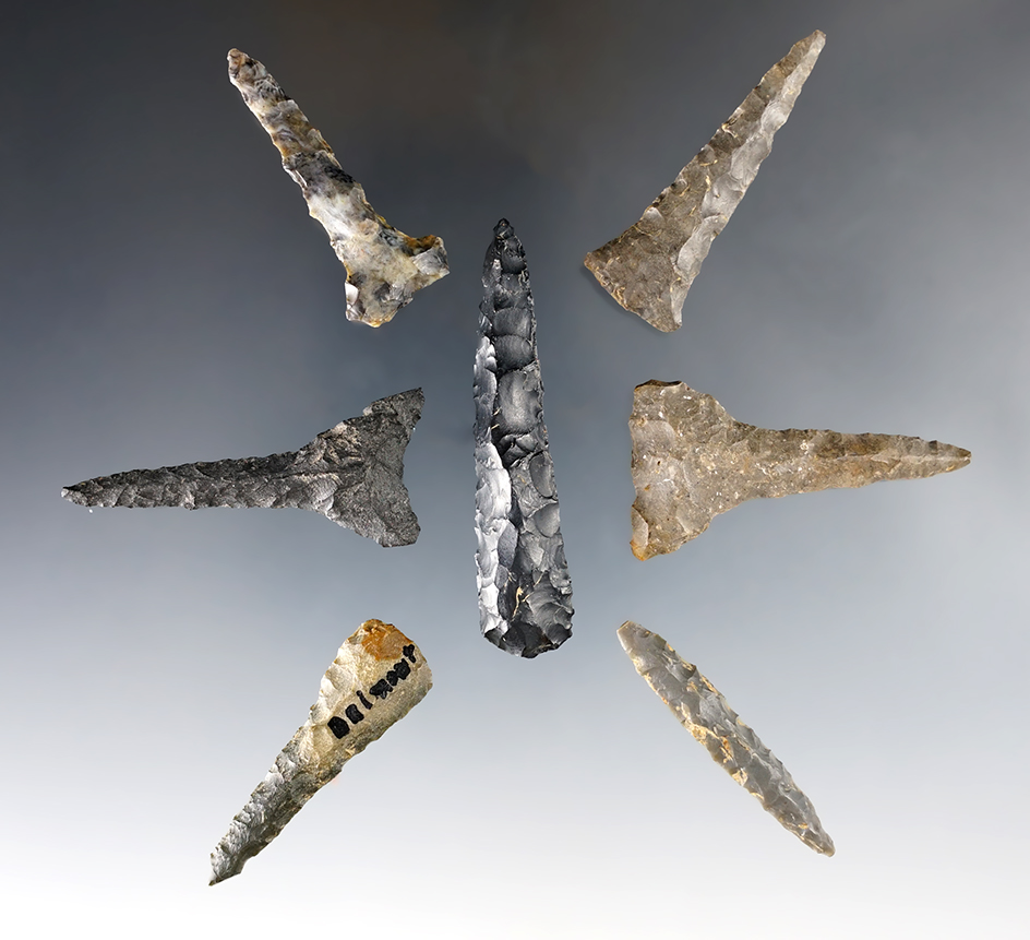 Set of seven Coshocton Flint drills in good condition found in Ohio. Largest is 2".