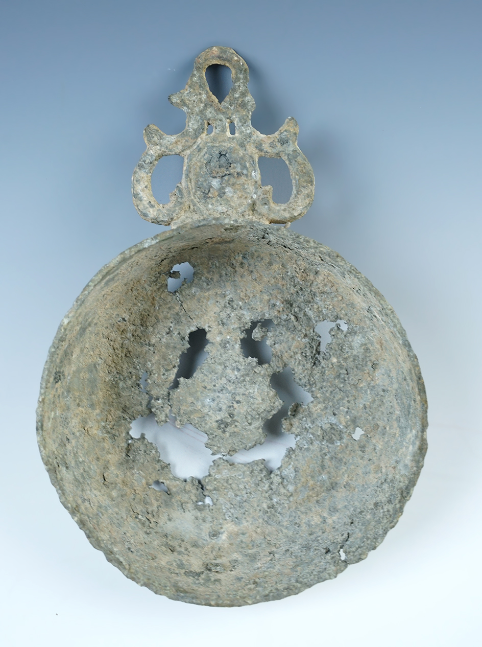 Rare historic artifact! 7 1/8" long decorative handled metal trade bowl recovered in New York.