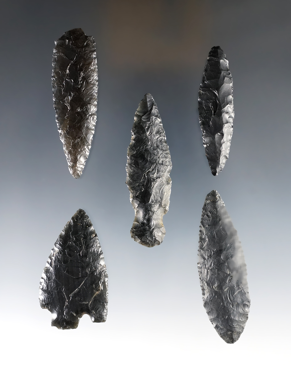 Set of five obsidian points found in Southeast Oregon.  Ex. Frank Wilkie Museum.