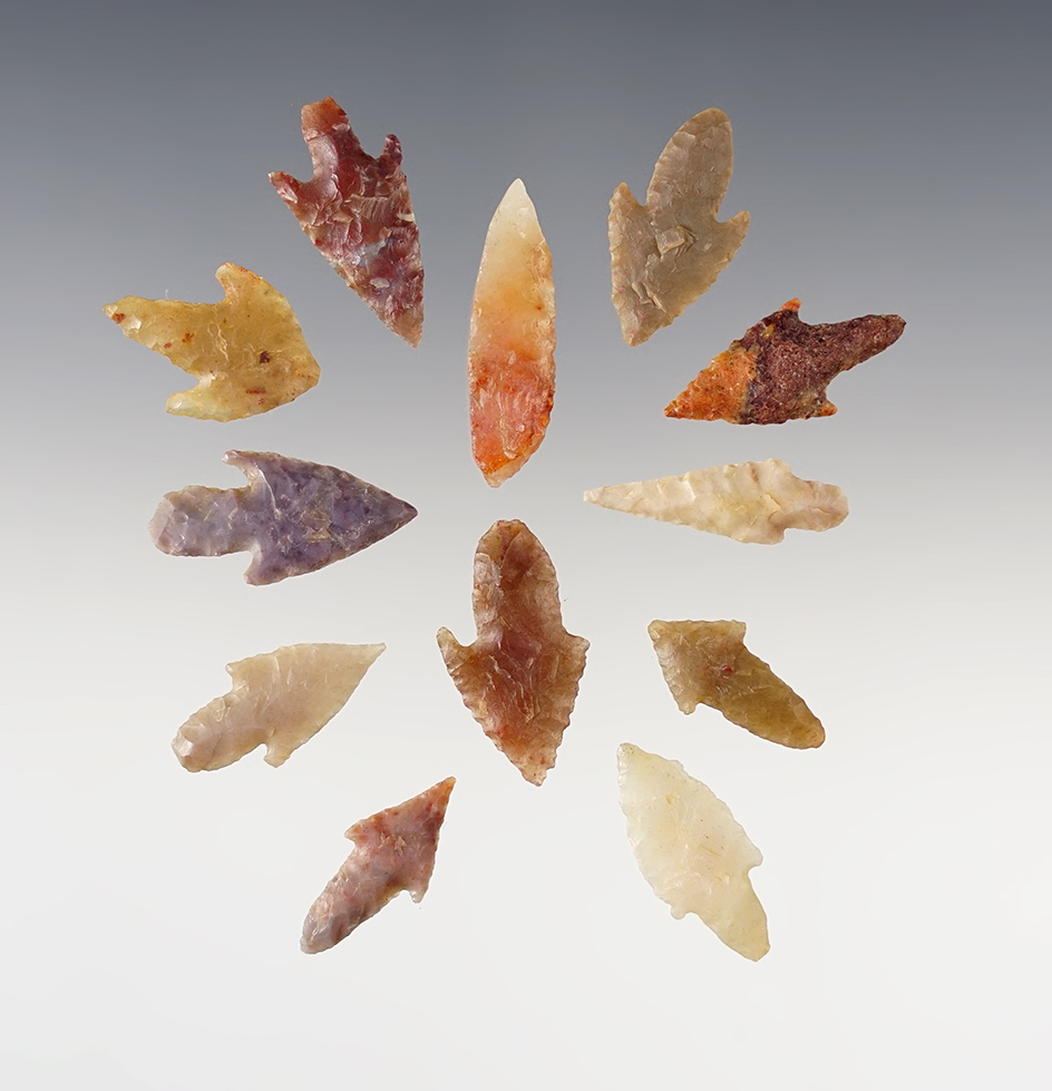 Set of 12 colorful African Neolithic points. The largest is 1 1/4".