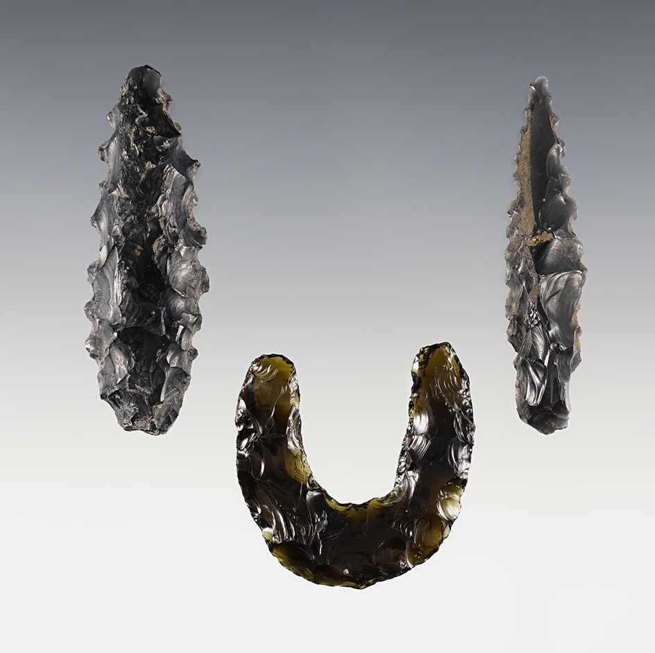 Set of 3 well made Obsidian artifacts - Mexico. The largest is 2 7/16".