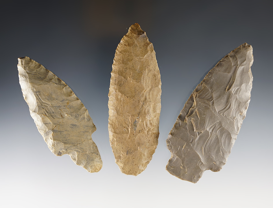 Set of three flint knives, largest is 3 5/8". Found in Davies Co., Kentucky, by James Thompson.