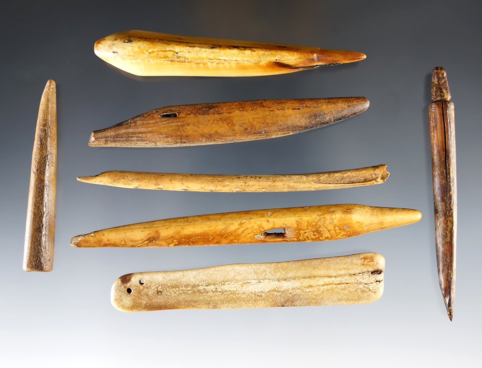 Set of 7 assorted Bone Artifacts found in Alaska. The largest is 4 9/16".