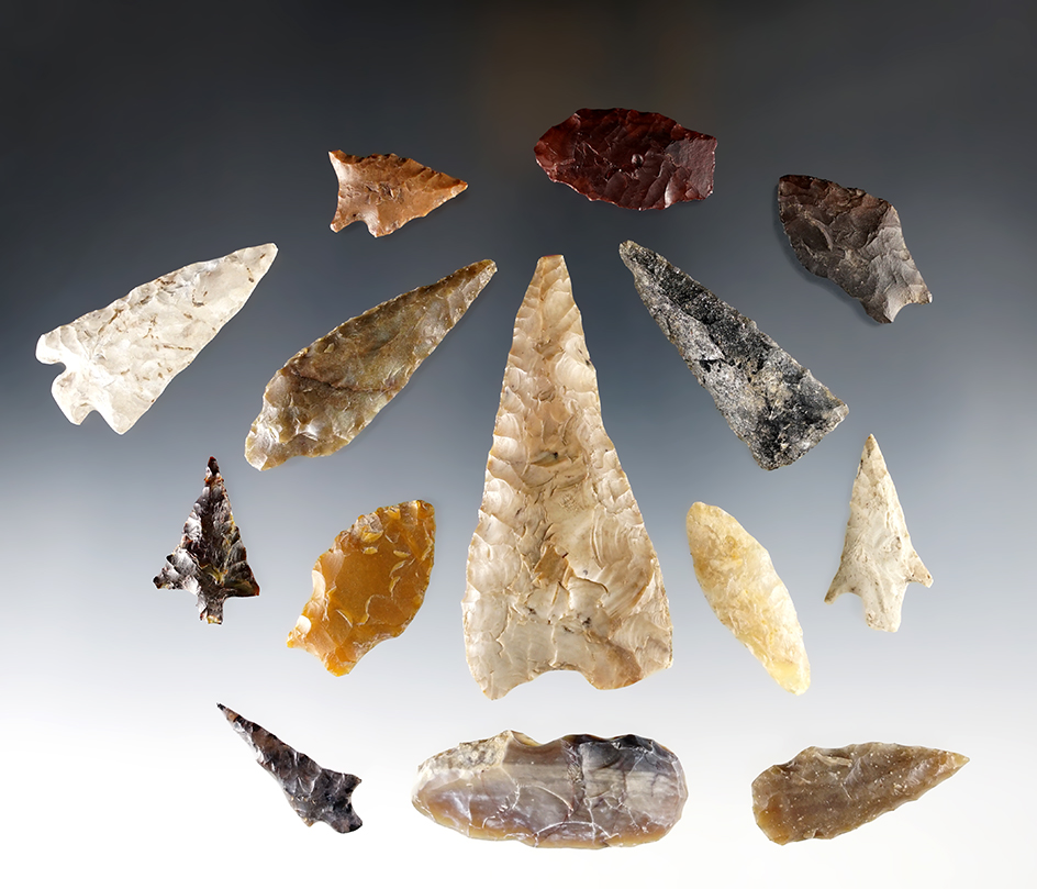 14 assorted points, knives and tools found near the Columbia River. Ex. Frank Wilkie Museum.