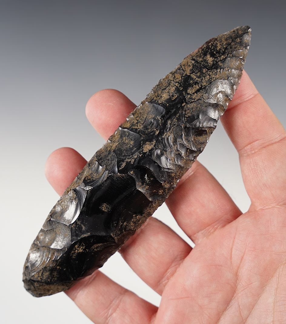 5 5/8" Bi-pointed knife made from obsidian that is heavily patinated.  Mexico.