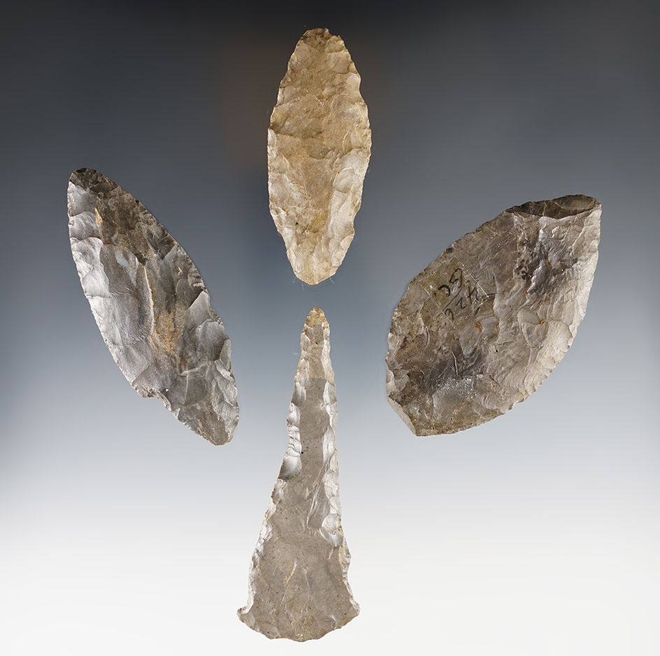 Set of four assorted Woodland Period Flint knives recovered in New York. Largest is 3 5/8".