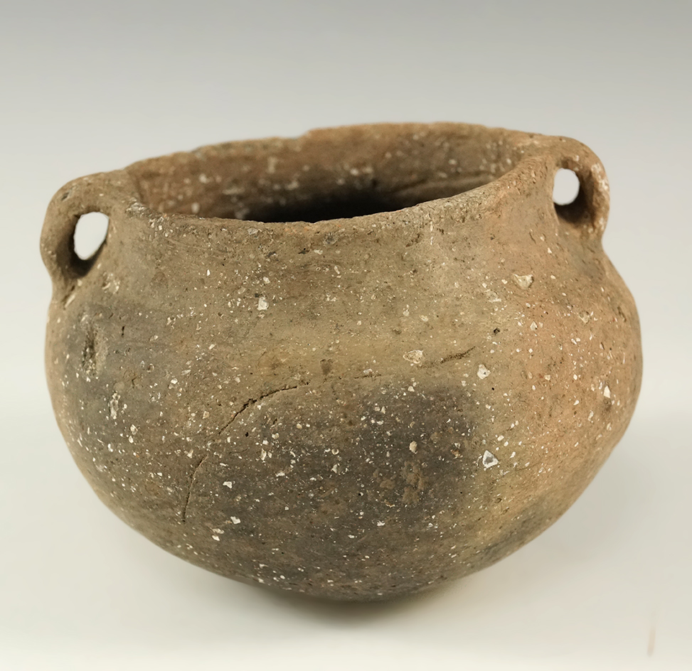 4" wide by 3" tall Strap Handled Mississippian Jar (N.E. Arkansas)  filled probe hole at base.