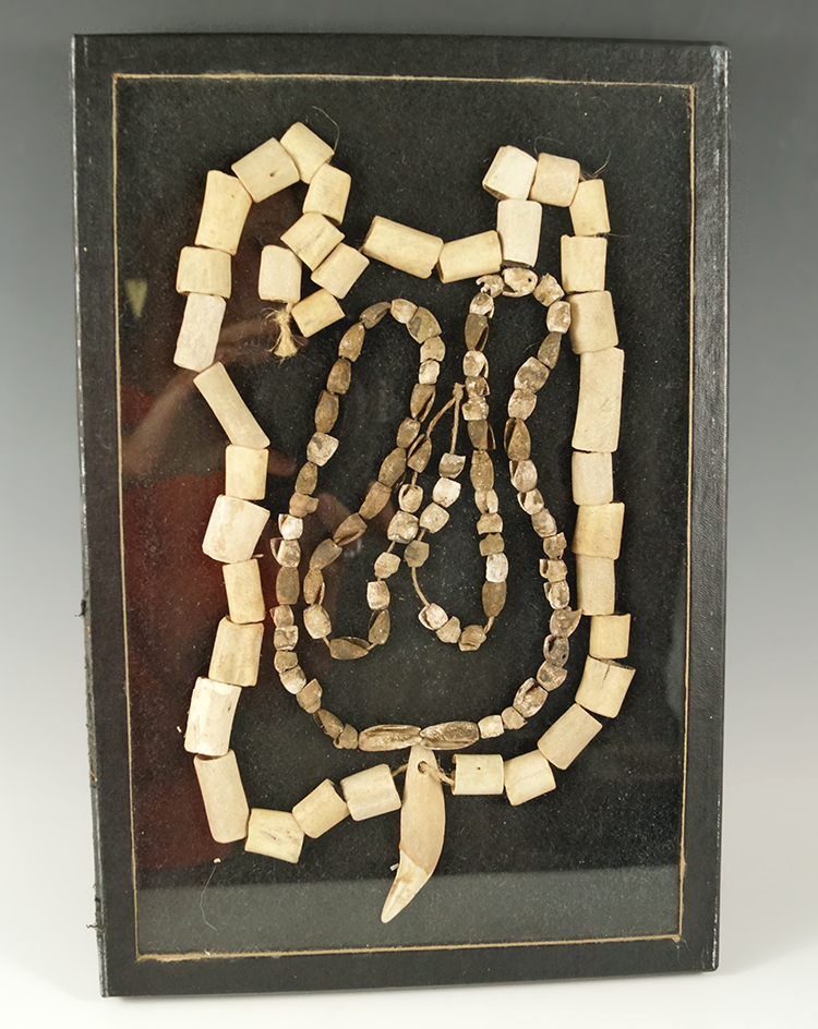 Pair of beaded necklaces, one is bone tube beads, the other is made from drilled snail shell.