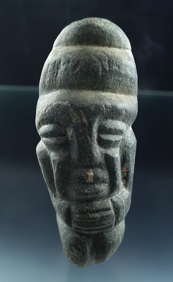 4 1/2" tall Mayan Human Effigy Figure with unique and rare silver ornament inlaid in the lip. Mexico