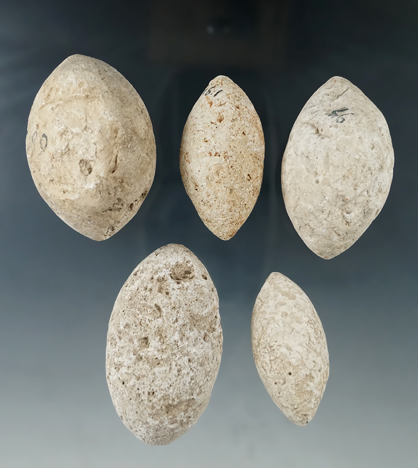 5 Bi-pointed aboriginal bolo stones, largest is 2 3/8". Collected on the shores of the island of Gua