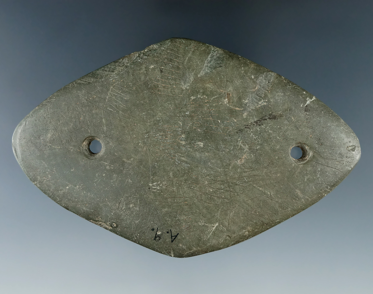 4 1/16" Glacial Kame Elliptical Gorget - heavily engraved -Washington Twp., Ontario, CA. Bennett COA