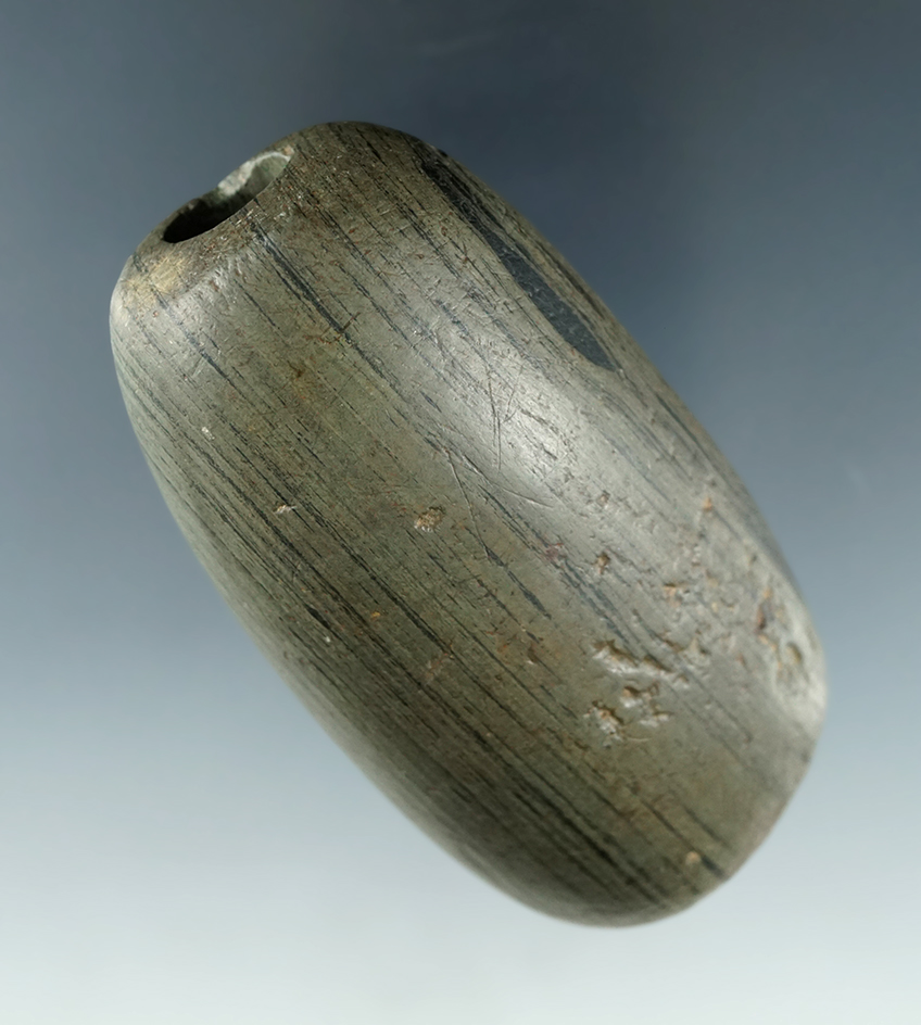 2 7/8" Tubular Bannerstone made from nicely banded slate found in Ohio. Ex. Jim Hovan collection.