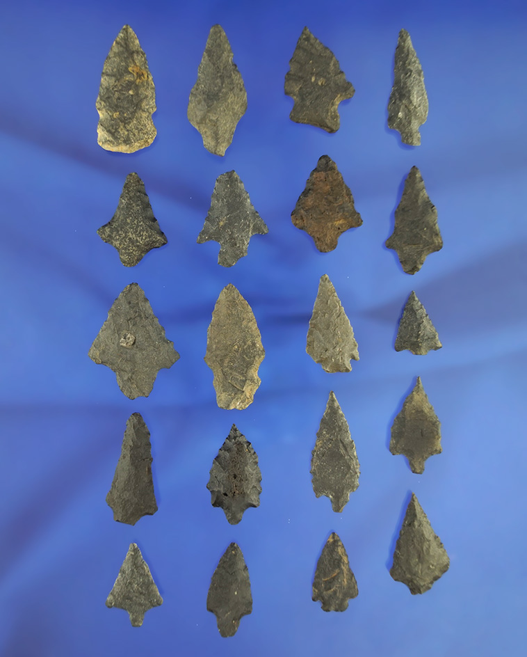 Set of 20 assorted arrowheads found in northern California, largest is 1 3/16".