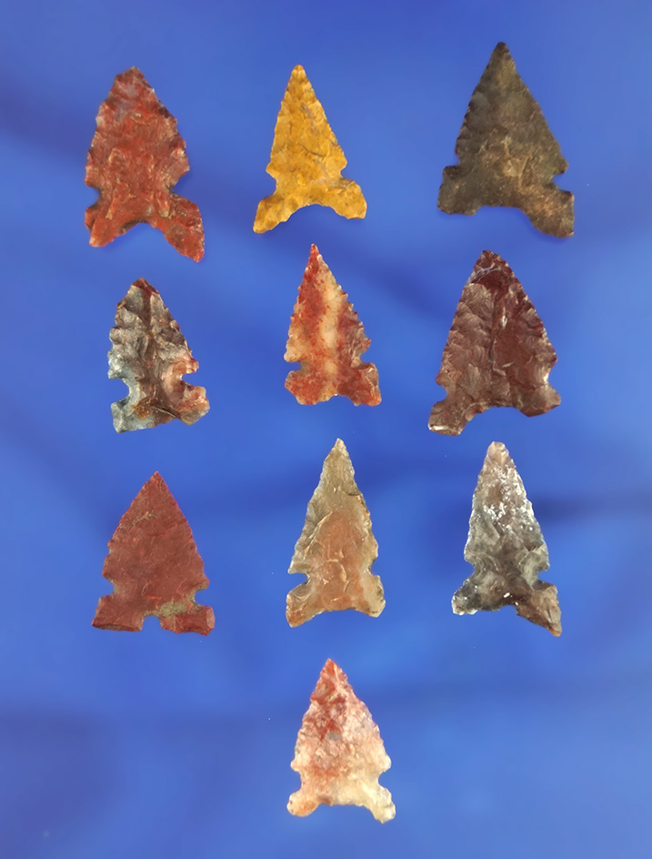 Set of 10 assorted arrowheads found in northern California, largest is 13/16".