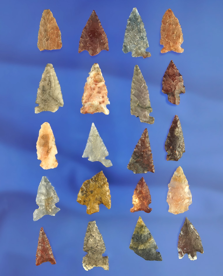 Large group of 20 assorted arrowheads, some have damage. Largest is 1". California.