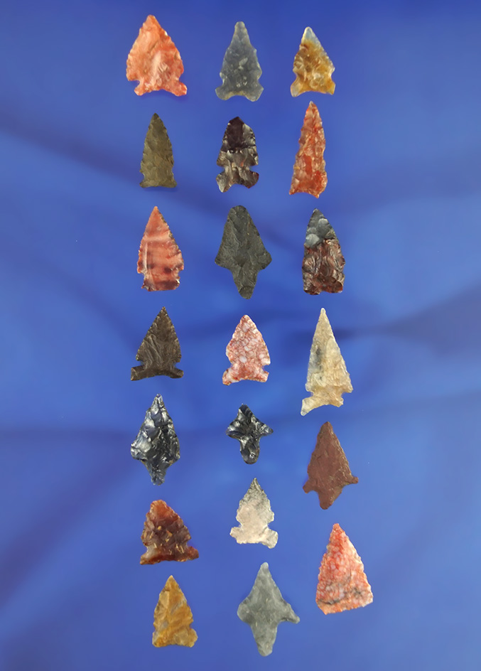 Set of 20 assorted arrowheads found in northern California, largest is 3/4".