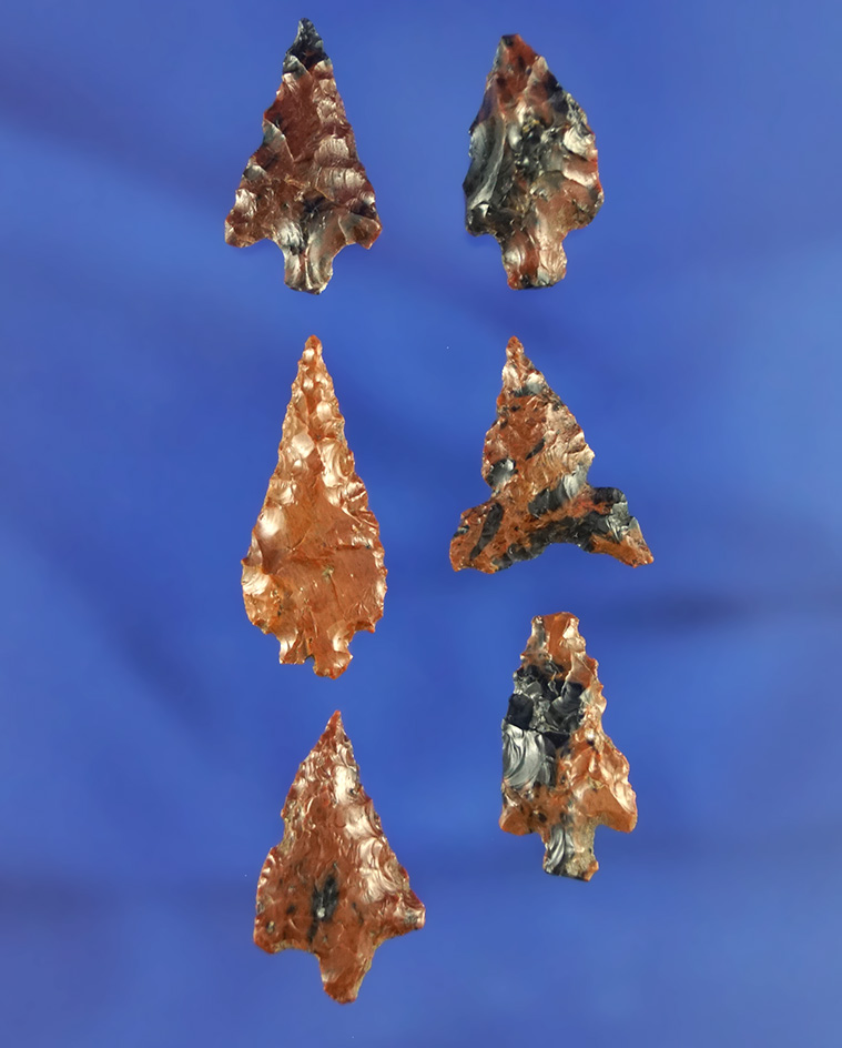 Set of six mahogany obsidian arrowheads California. Largest is 1 1/16".