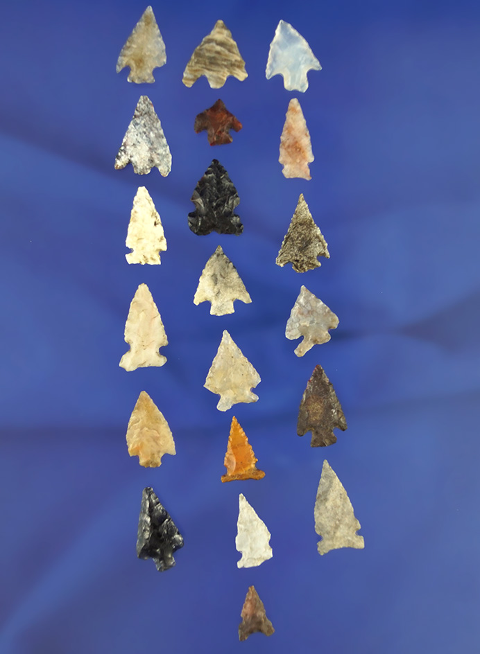 Set of 20 assorted arrowheads found in northern California, largest is 13/16".