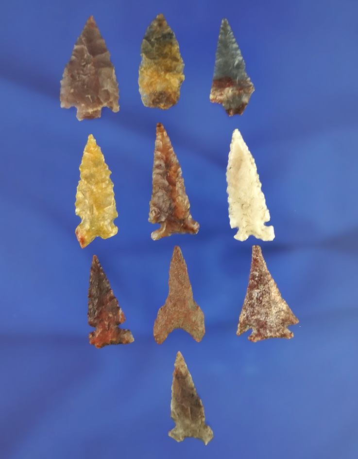 Set of 10 assorted arrowheads found in northern California, largest is  1 1/16".