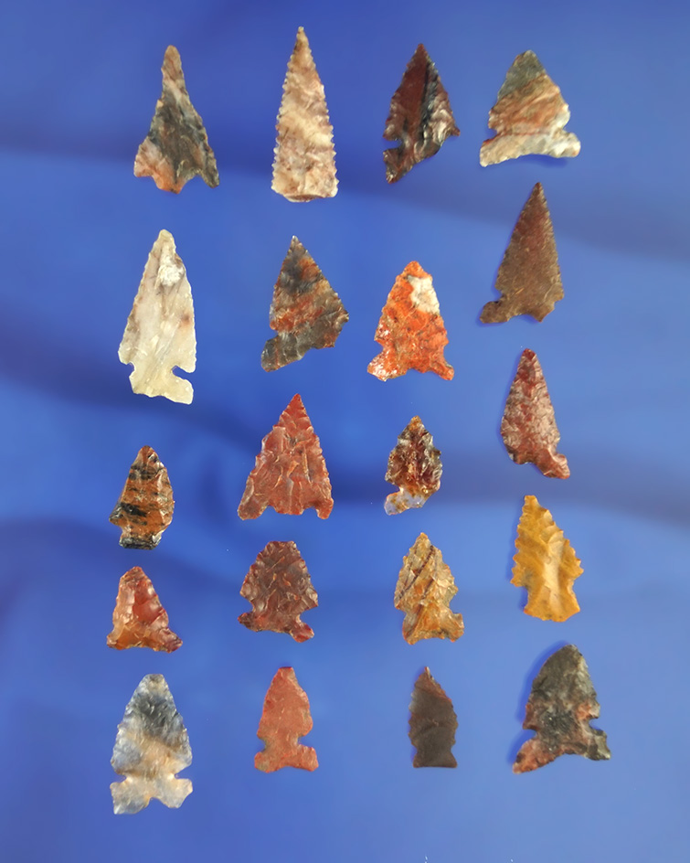 Set of 20 assorted colorful arrowheads in various conditions. largest is 1". California.