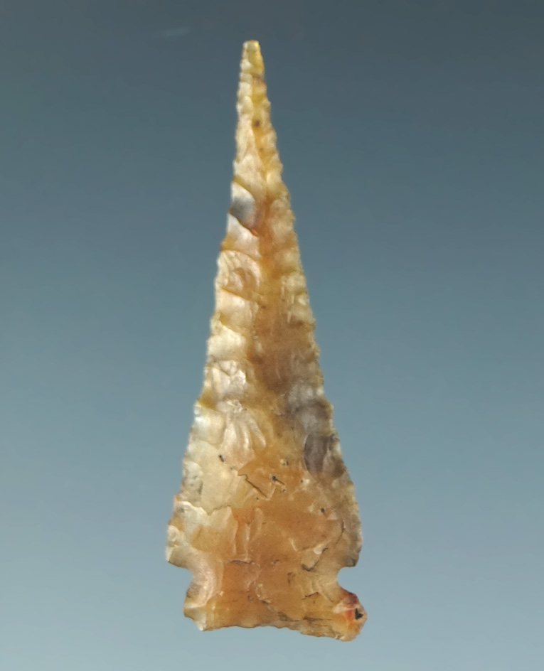 Incredible needle tip on this 1 3/16" Sidenotch Arrowhead with excellent flaking - agate. CA.