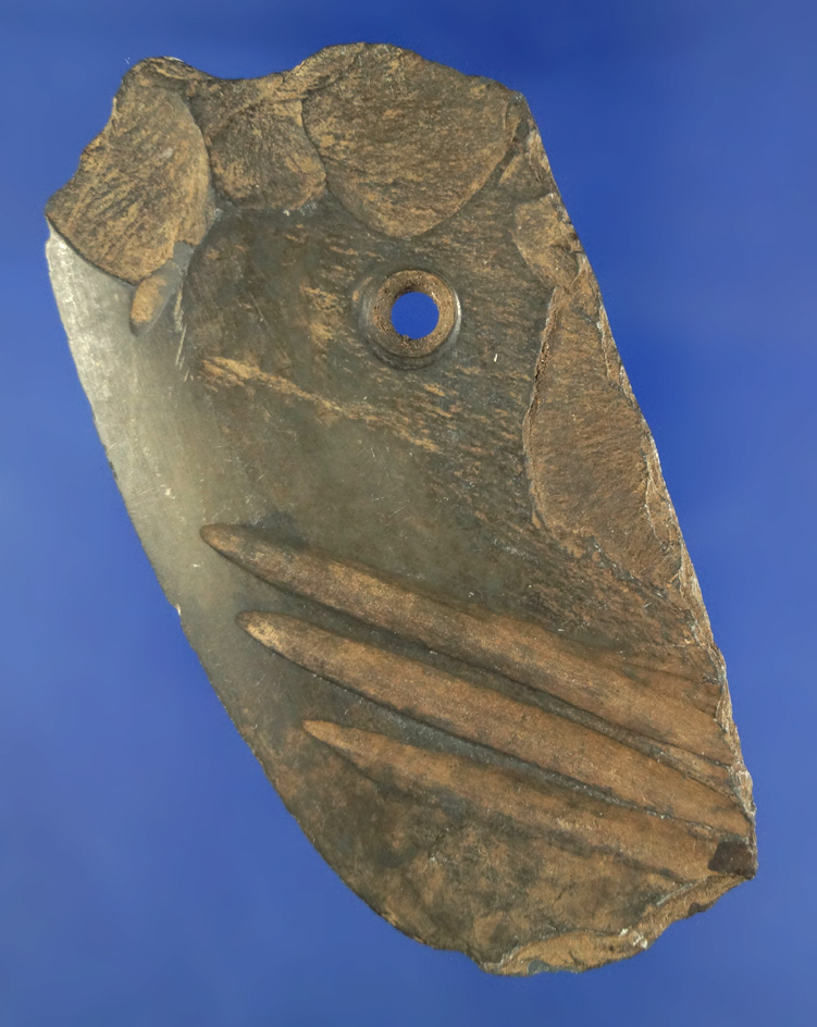 Very unique 3 9/16" perforated slate suspension knife with diagonal grooves - Pacific Northwest.