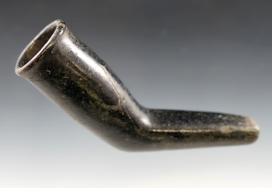 4 5/16" Obtuse Angle black Steatite Pipe found in Ontario Co., New York, minor restoration.