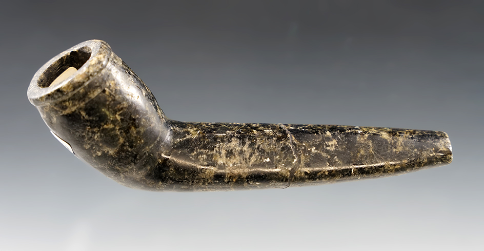 4 1/2" Black speckled Steatite Obtuse Angle Stone Pipe found in Ontario Co., New York.