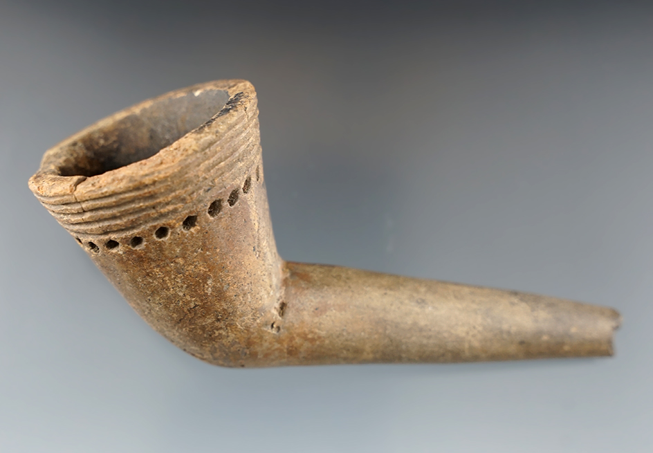 5" Long Iroquois Clay Ring Bowl Pipe that is broken and mended at the elbow. New York.