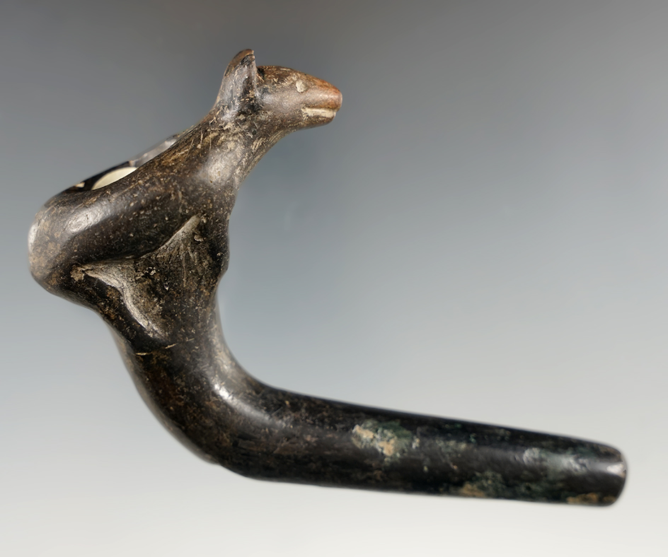 Rare! Standing Bear Effigy Iroquois Pipe made from black Steatite. Herkimer Co. New York.