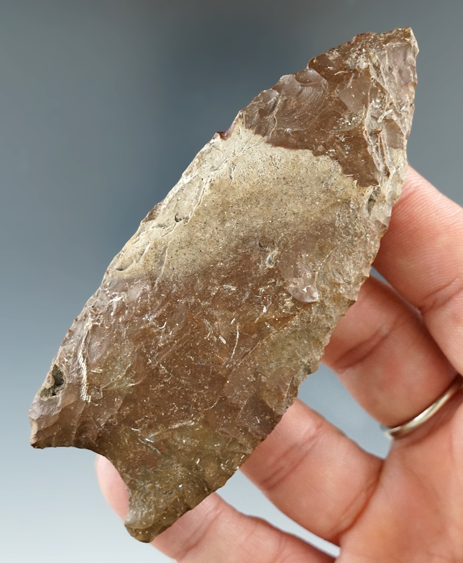 3 13/16" Unfluted Paleo with nicely ground lower edges and base found in Michigan.