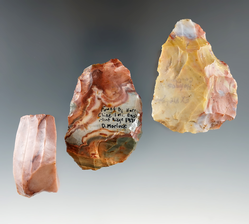 Set of three artifacts made from beautiful Flint Ridge Flint including two blades and one core.