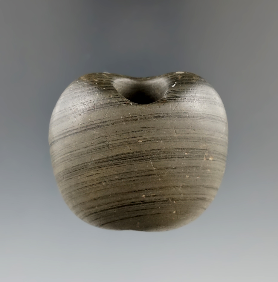 1 9/16" Banded Slate Bannerstone found in Liberty Township, Wood Co., Ohio. Ex. P. Hothem.