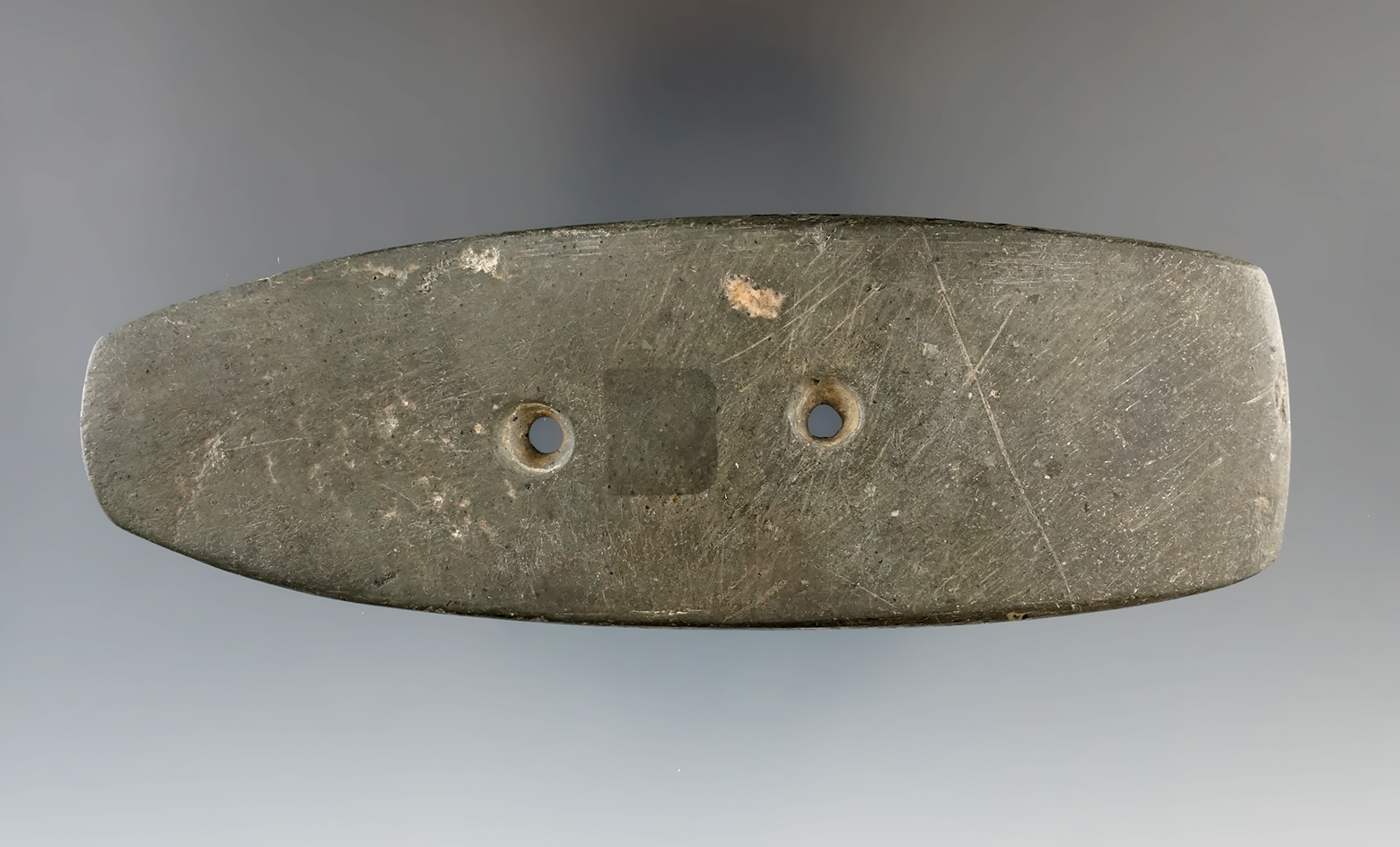 4 15/16" Slate Gorget found in Jay Co., Indiana. Ex. Parks, Bourn and Yoder Collections.