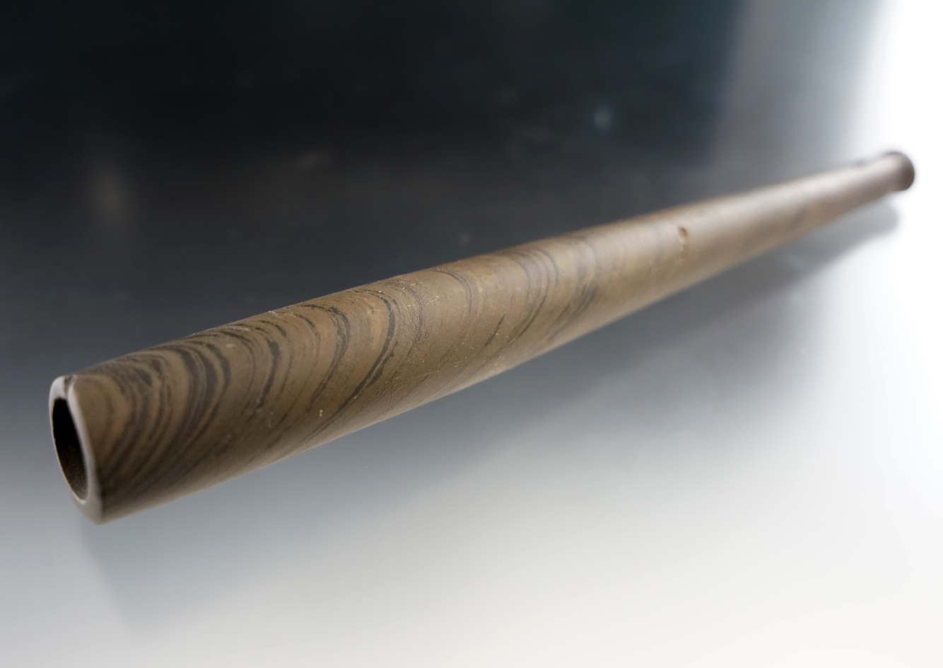 7 1/2" Banded Slate Glacial Kame Flared End Tube Pipe. Broken in half and glued, Ohio.