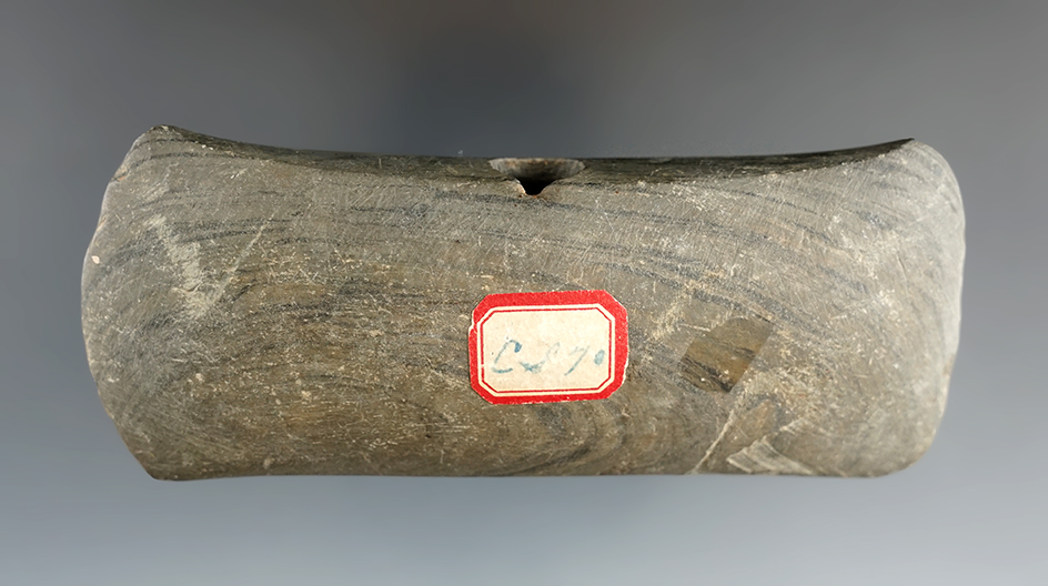 Rare style! 4 3/8" Double Bit Axe Bannerstone made from Banded Glacial Slate, Ohio.