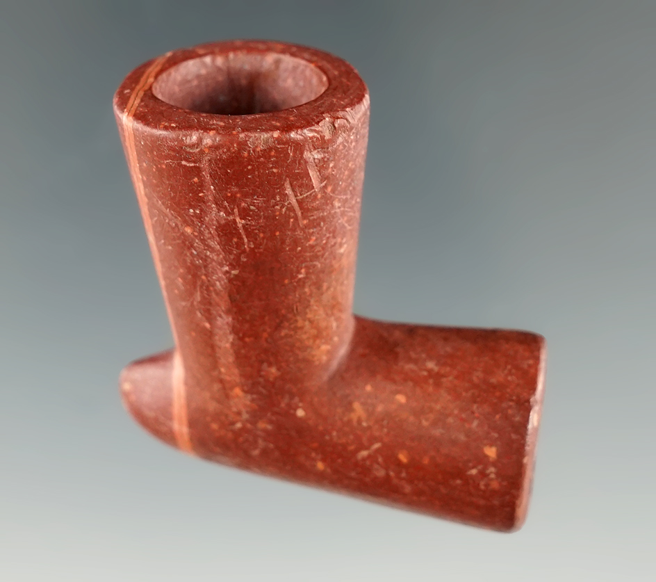 Beautifully styled 1 3/4" Catlinite Pipe with an interesting color pattern on the bowl.