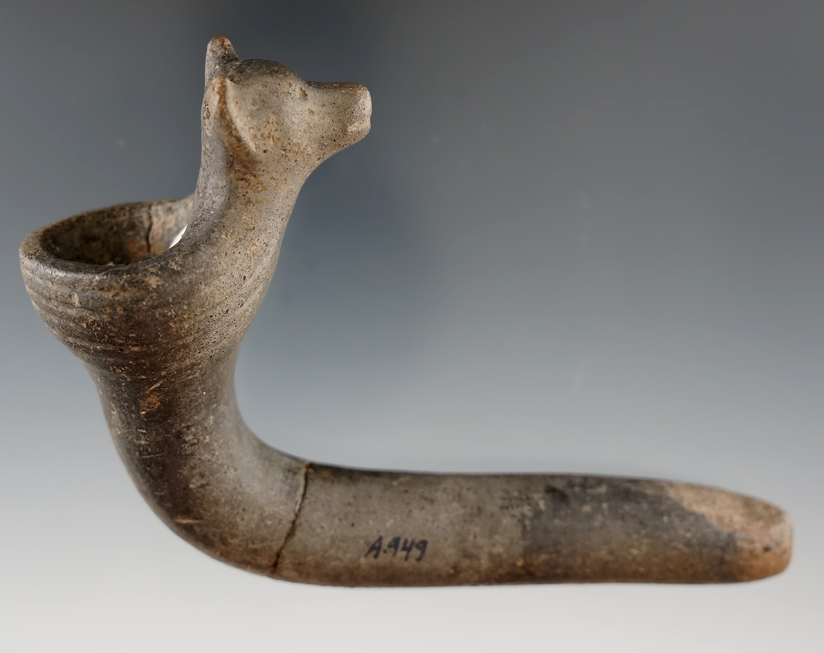 4 1/4" Long Bear Effigy Iroquois Clay Pipe found in New York. Stem is broken and glued.