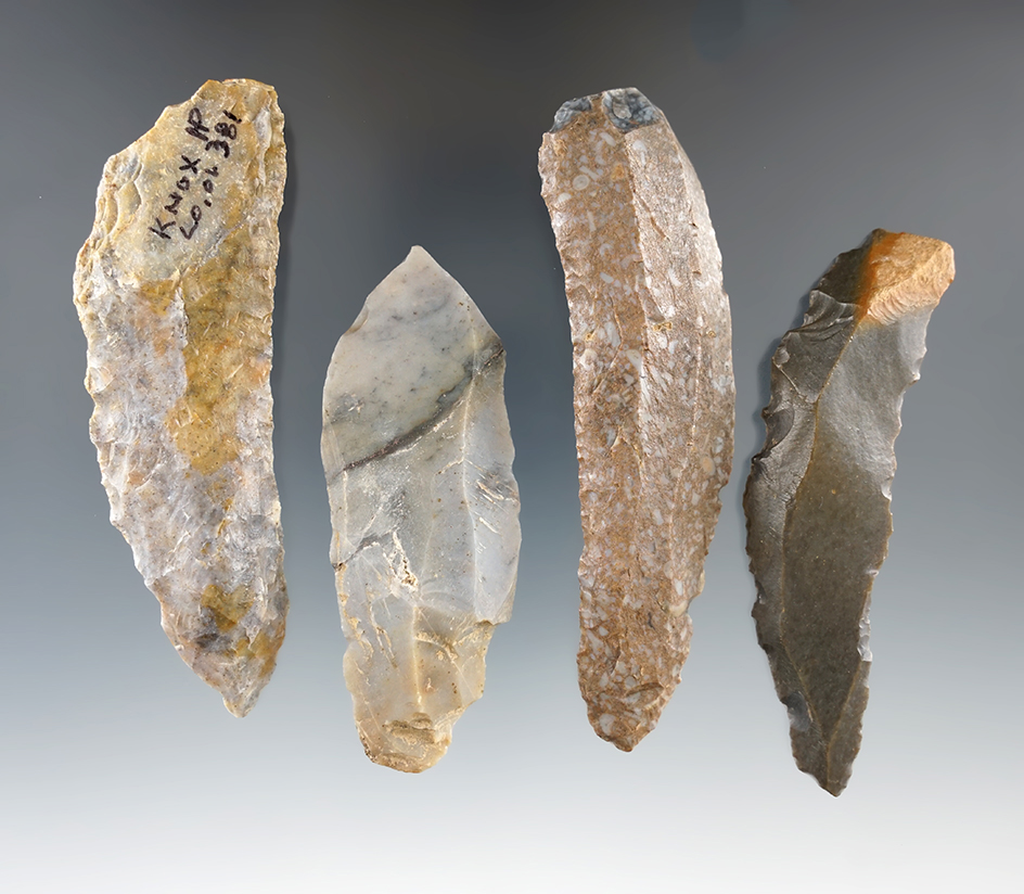 Set of four Bladelets and Uniface Knives found in Knox Co.,Ohio. Largest is 3 1/2".