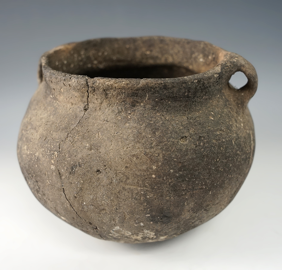 4 1/2" Tall x 6 1/4" wide Shell Tempered Clay Pottery Vessel found in Arkansas.