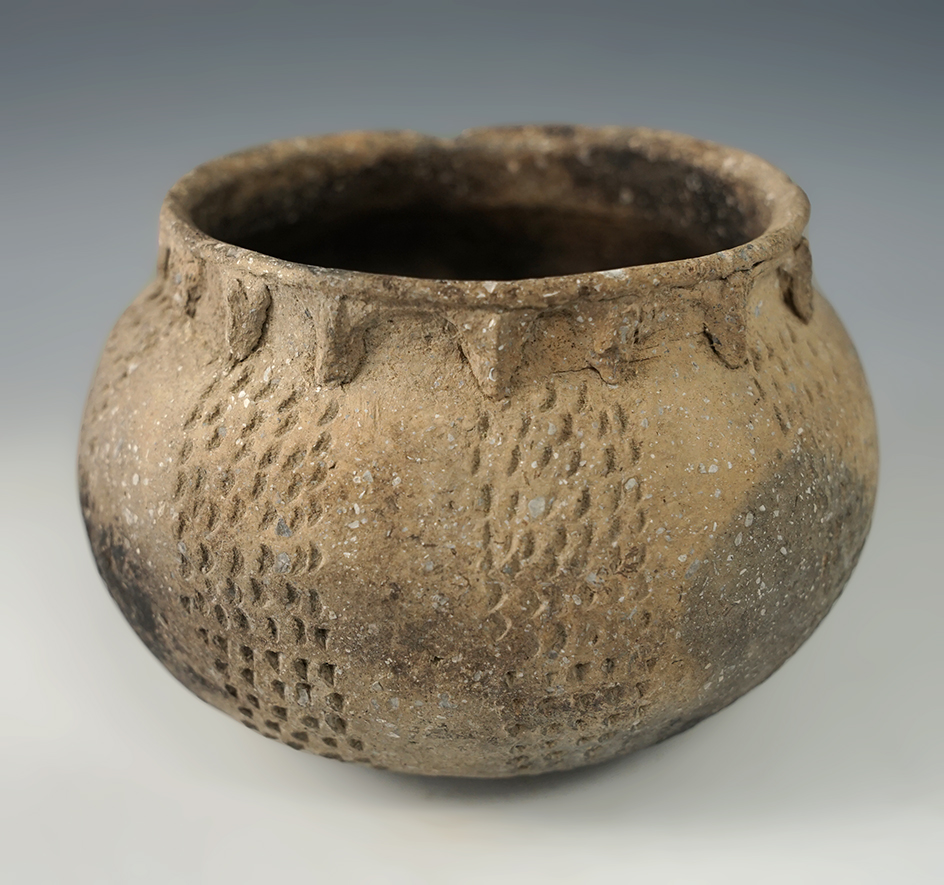 4 1/2" Wide beautifully decorated Shell Tempered Clay Pottery Vessel found in Arkansas.